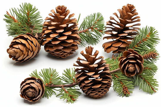 Various sizes of pine cones and green spruce branches isolated on a white background, focusing on the beauty of winter