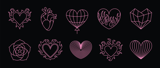Vector design set, flames and fire, acid neo tribal shapes, y2k elements and abstract illustrations in gothic style, heart and love symbols, gothic and acid tattoos and print templates..