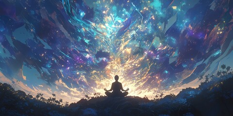 A person meditating in the center of an abstract cosmic landscape, with colorful nebulae and stars illuminating their silhouette. Ethereal light radiates  - obrazy, fototapety, plakaty