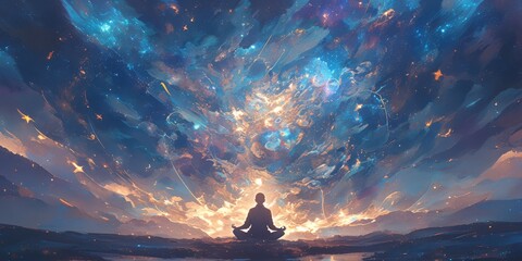A person meditating in the center of an abstract cosmic landscape, with colorful nebulae and stars illuminating their silhouette.  - obrazy, fototapety, plakaty