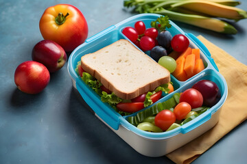 A colorful lunch box filled with a sandwich, fruits, and vegetables, perfect for a balanced school or work meal
