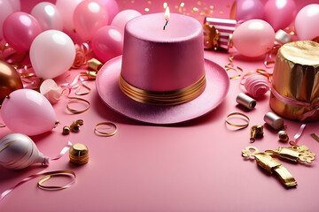 Obraz na płótnie Canvas A stunning birthday celebration scene featuring a chic pink cake adorned with golden details and balloons