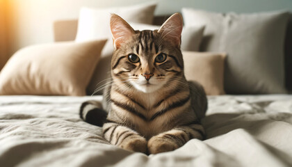 A serene tabby cat lying comfortably on a soft bed. The cat has distinctive striped markings on its coat - obrazy, fototapety, plakaty