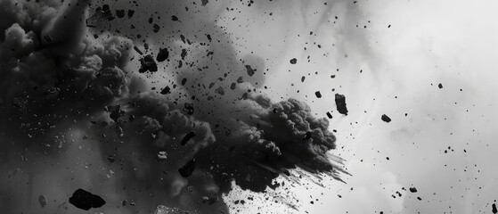 Monochrome explosion with debris and smoke