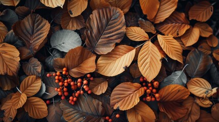 Autumn Poster Background, Plants Amidst Fallen Leaves, AI Created