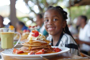 Cheerful African American girl with a bright smile, sitting with a delicious breakfast spread.