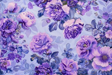Obraz premium Purple and Blue Flowers Blooming on a Vibrant Blue Background with Soft Focus Background Flowers