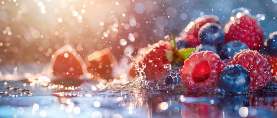 Berries with sparkling water droplets macro shot