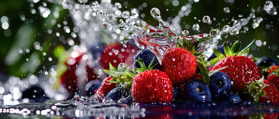 Berries with dynamic water splash on dark surface