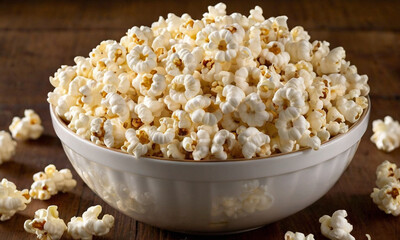 A bowl of freshly popped popcorn on a wooden surface, capturing the texture and detail of each kernel.