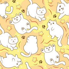 Kawaii yellow seamless pattern with cats. Cute cartoon kittens and stars. The bright illustration for kids. 
