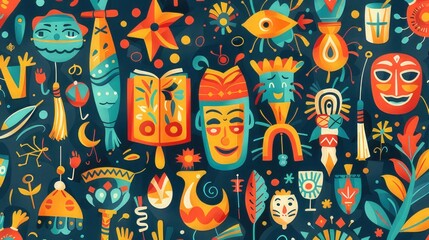 Celebrating Purim Joy Cartoonish Illustrations of the Megillah, Masks, and Festive Decorations in a Vibrant Pattern
