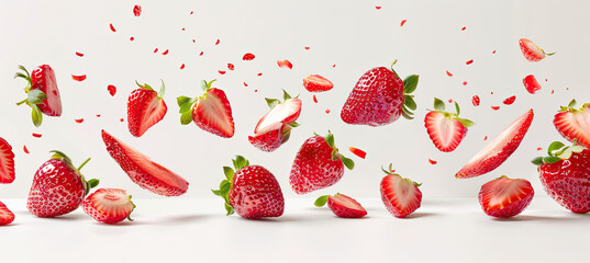 Strawberries. Falling strawberry fruits whole and cut isolated on white background