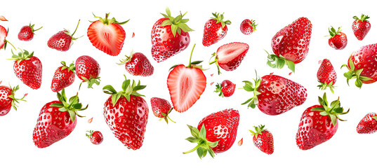 Strawberries. Falling strawberry fruits whole and cut isolated on white background
