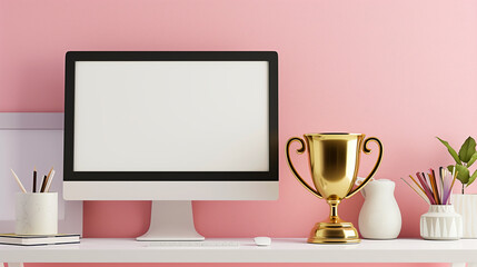 trophée en or à côté d'un écran d'ordinateur pour l'élection du meilleur site internet de l'année - fond rose - illustration - obrazy, fototapety, plakaty