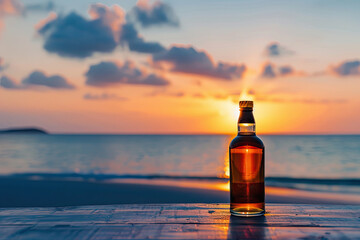 Bottle of whisky on the beach with the sea and sunset in background