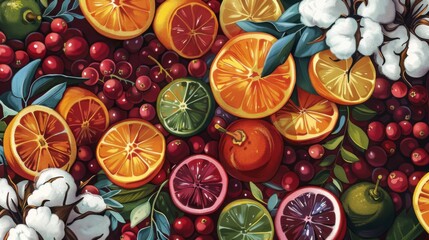 Vibrant Flyer with Cotton, Cranberries, and Citrus Fruits, AI Created