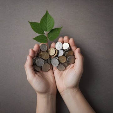 tree growing on pile of money in hand and green nature background