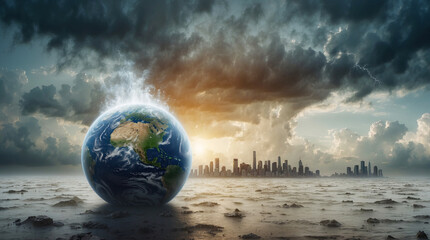 Planet Earth's environment heats up and sinks into a lot of water. Climate change global warming conceptual theme. Generated AI - 782177110