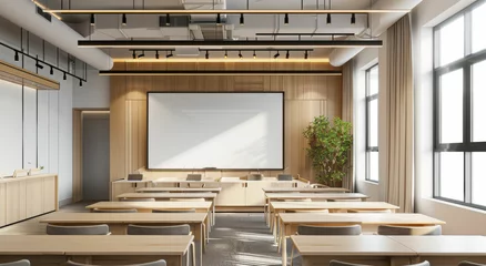 Foto op Canvas a classroom with tables and chairs and a projector screen © LTh