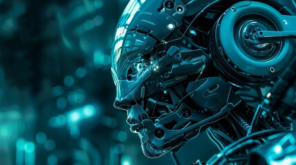 A robot head with a digital brain engine on a sci fi background  - obrazy, fototapety, plakaty