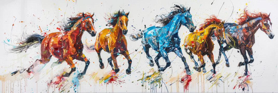a painting of four horses running in a row