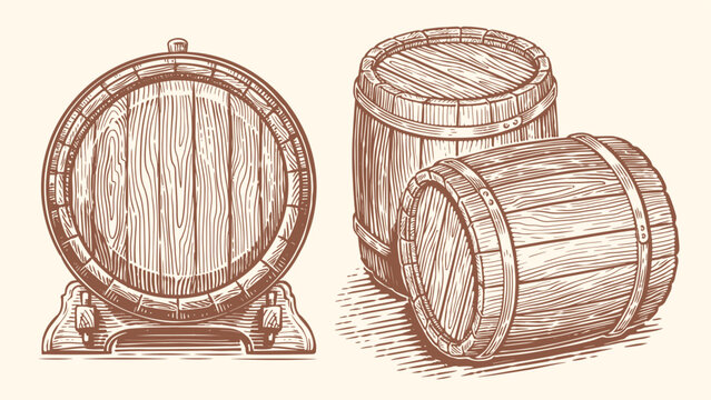recommend clip art: Oak barrel, hand drawn vector illustration. Wooden cask sketch drawing