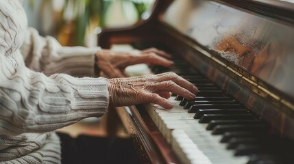 Fading Melodies Senior Person Hesitating at the Piano, Reflecting on Lost Skills and Hobbies Due to Dementia
 - obrazy, fototapety, plakaty