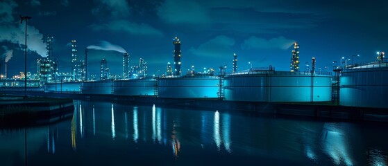 Night view, refinery lights reflecting on storage tanks, subtle inclusion of rising demand curves,
