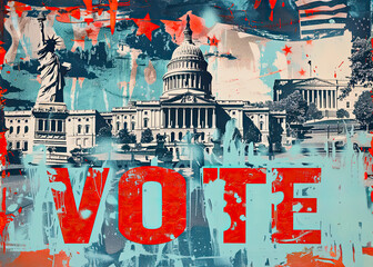 A vibrant and textured political-themed graphic displays iconic American symbols such as the Statue of Liberty and the Capitol Building with a bold "VOTE" text in the foreground. 