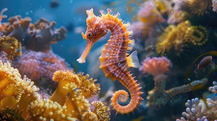 Obraz na płótnie Canvas Graceful Seahorse Close-Up Image of a Stunning Seahorse Resting on a Coral Reef 