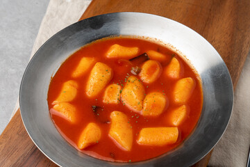 Soondae, Korean food, snack food, spicy rice cake, fried rice cake, sweet pumpkin, vegetables, seaweed roll shrimp, squid, sweet potato, sotteok, fish cake
