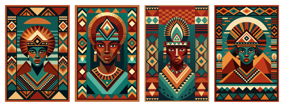 Ethnic poster set with african pattern, pride woman's faces for black history month or juneteenth. Portrait of african womans adorned with cultural motifs and patterns, symbolizing diversity, heritage