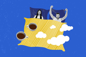 Creative picture collage young partners couple bedtime coffee drink blanket cozy pillows dream...