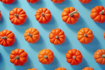 Autumn Harvest Vibrant Orange Pumpkins Arranged in a Pattern on a Serene Blue Background, Flat Lay Concept