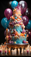 Layered Birthday cake surrounded with candles and balloons in background.