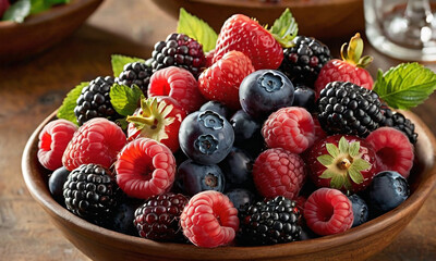 A bowl filled with a vibrant mix of fresh berries against a dark background. The ripe strawberries,...