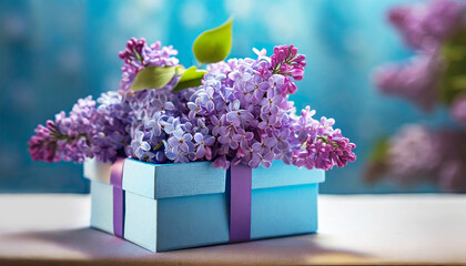 Mothers Day card with lilac flowers in gift box on a blue background