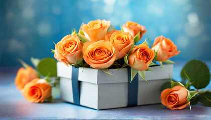 Mother's Day card with orange roses in gift box on a blue background