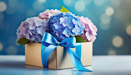 Mother's Day card with colorful hydrangea flowers in gift box on a blue background