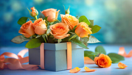 Anniversary card with orange roses in gift box on a blue background