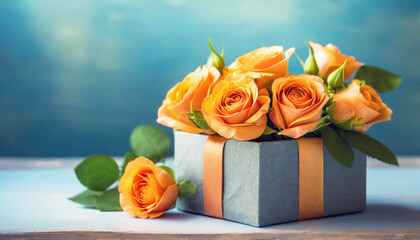 Orange roses in gift box on a blue background with copy space