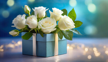 Wedding bouquet of white roses in gift box on a blue background with copy space.
