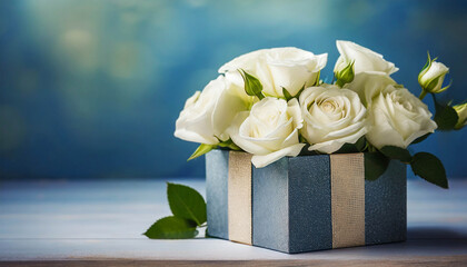 Wedding flowers. Bouquet of white roses in gift box on a blue background with copy space.