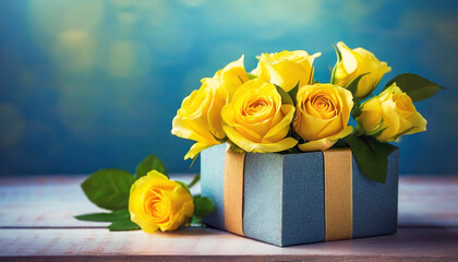 Bouquet of yellow roses in gift box on a blue background with copy space