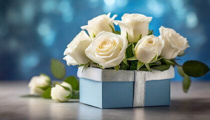 Bouquet of white roses in gift box on a blue background. Wedding, Anniversary, Mother’s Day, Women’s Day, Valentine's day, birthday flowers