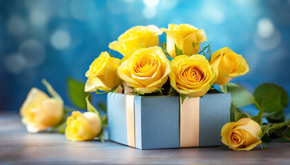 Mother's Day bouquet of yellow roses in gift box on blue background