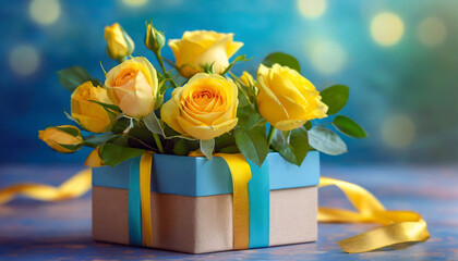 Bouquet of yellow roses in gift box on blue background. Floral gift for romantic celebration.