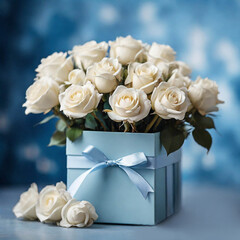 White roses in gift box on a blue background 