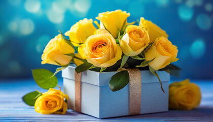 Yellow roses in gift box on a blue background. Flowers for Anniversary, Mother's Day, Women's Day, Birthday, wedding or Valentine's Day.